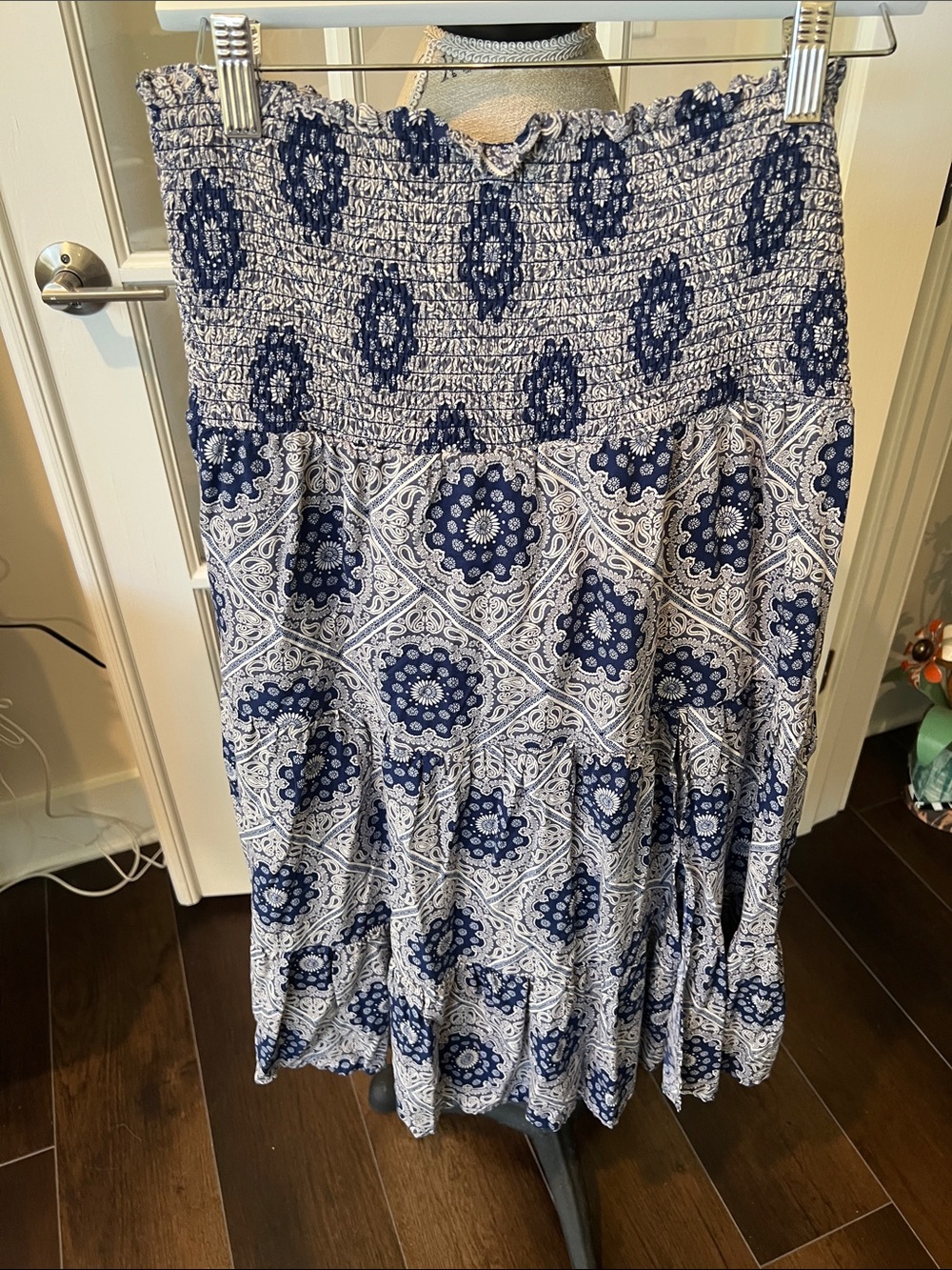 Navy, Powder Blue and White Smocked Midi Skirt